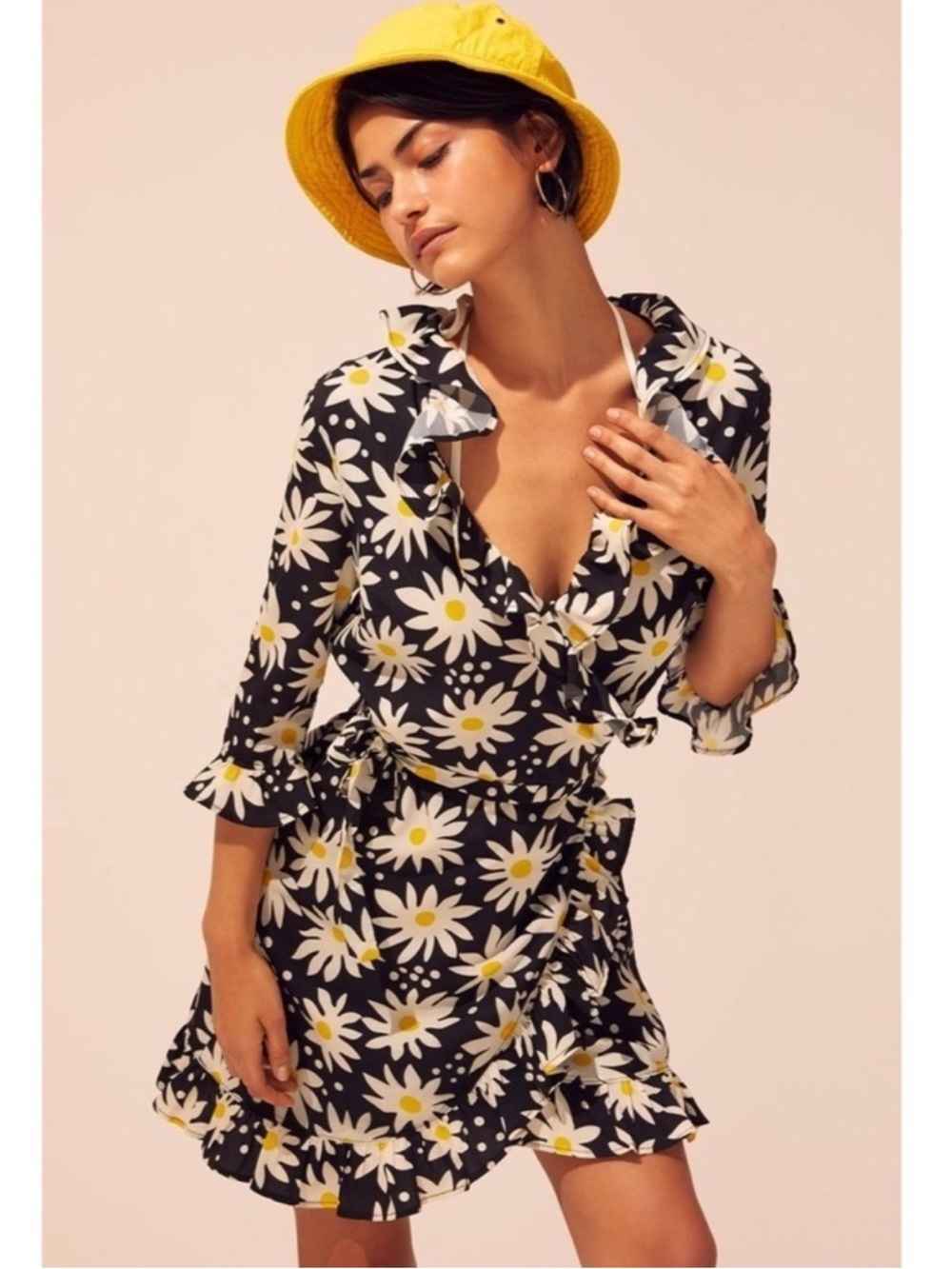 Solid & Striped Black Daisy Floral Ruffle Trim Wrap Mini Dress Sz M